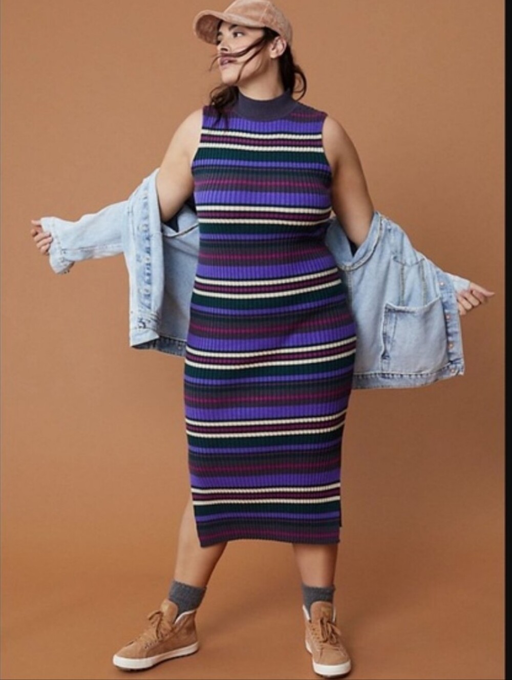 dolan Sleeveless Striped Knit Sweater Mockneck Midi Dress in Purple Mix Medium